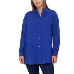 Rachel Roy Comfy Blue Crinkle Cotton Button-up Casual Top Women's Size Large